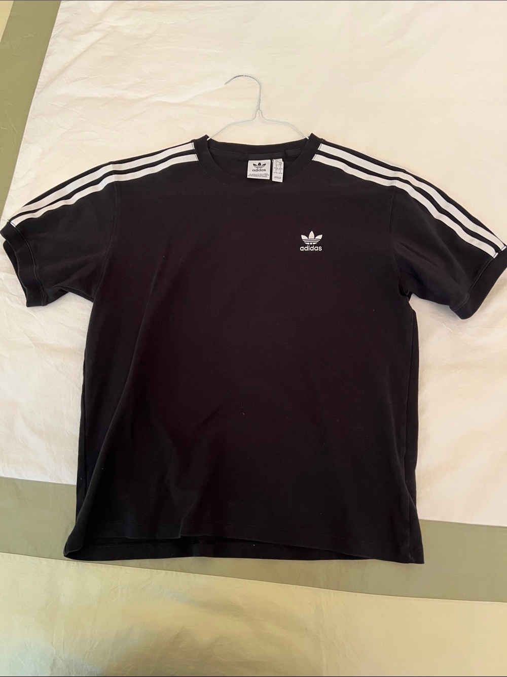 Adidas women’s Black Trefoil Crewneck T-Shirt with White Stripes